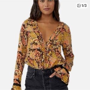 Free People Floral V-Neck Blouse - Yellow and Pink